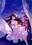  absurdres bare_shoulders barefoot black_hair brown_eyes carnelian curtains dress envelope feet flower hairband highres kao_no_nai_tsuki kuraki_mizuna lace leg_lift leg_up legs letter light_smile long_hair long_legs original petals scan sky solo sunset thighs white_dress window windowsill 