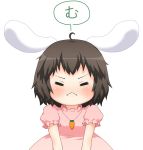  :&lt; ahoge angry animal_ears bebelona blush brown_hair bunny_ears carrot closed_eyes dress inaba_tewi jewelry pendant pink_dress pout puffy_cheeks puffy_sleeves rabbit_ears short_sleeves simple_background solo speech_bubble text touhou white_background 