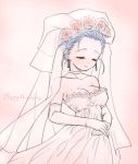  bare_shoulders blue_hair blush breasts bridal_veil chiru choker cleavage closed_eyes dragon_quest dragon_quest_v dress earrings elbow_gloves eyes_closed flora flower gloves hair_flower hair_ornament hair_up jewelry rose smile solo strapless_dress veil wedding_dress 