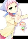  :d dress fairy fairy_(jintai) green_eyes hat head_scarf highres jinrui_wa_suitai_shimashita letterboxed mori_burin open_mouth outstretched_arms outstretched_hand parody pink_hair short_hair simple_background smile watashi_(jintai) 
