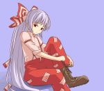  boots cross-laced_footwear dress_shirt fujiwara_no_mokou hair_ribbon long_hair miyo_(ranthath) red_eyes ribbon shirt sitting sleeves_rolled_up solo suspenders touhou very_long_hair white_hair 