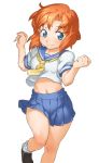  blue_eyes higurashi_no_naku_koro_ni looking_at_viewer midriff navel onsoku_maru orange_hair ryuuguu_rena school_uniform serafuku short_hair short_sleeves simple_background skirt smile solo standing thighs white_background 