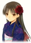  amagi_yukiko black_hair brown_eyes flower hair_flower hair_ornament hijiri_ruka japanese_clothes kimono long_hair persona persona_4 simple_background smile solo yukata 