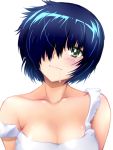  bare_shoulders black_hair blush breasts bust cleavage collarbone dha drooling face green_eyes hair_over_one_eye head_tilt large_breasts looking_at_viewer nazo_no_kanojo_x off_shoulder saliva saliva_trail shiny shiny_skin short_hair simple_background smile solo strap_slip urabe_mikoto 