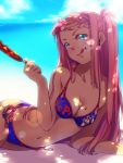  arm_support beach bikini breasts cleavage green_eyes hot_dog lens_flare long_hair meo navel on_side original pink_hair side-tie_bikini side_ponytail swimsuit tongue tongue_out 