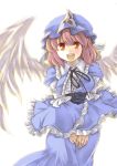  :d absurdres anarogumaaa dress feathered_wings hat highres open_mouth pink_hair red_eyes saigyouji_yuyuko short_hair smile solo touhou white_background wings 