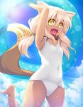  :d animal_ears blonde_hair collar fang fox_ears fox_tail highres holding innertube leg_up long_hair open_mouth original pinkarage school_swimsuit smile solo swimsuit tail tan twintails wet white_swimsuit yellow_eyes 