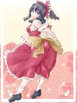  arched_back bad_id bandage bandages bare_shoulders black_eyes black_hair bow detached_sleeves dress frills hair_ornament hair_tubes hakurei_reimu looking_at_viewer looking_back red_dress short_hair simple_background solo somsom touhou wide_sleeves 