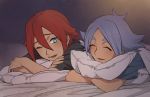  ahoge bed blush closed_eyes eyes_closed fubuki_shirou green_eyes inazuma_eleven inazuma_eleven_(series) kiyama_hiroto male mosako multiple_boys open_mouth pillow red_hair redhead short_hair smile solo white_hair wink 