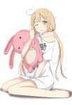  barefoot blonde_hair blush brown_eyes clothes_writing futaba_anzu highres idolmaster idolmaster_cinderella_girls keikei_(kitty_colors) long_hair off_shoulder sitting solo stuffed_animal stuffed_toy twintails wariza white_background wink 