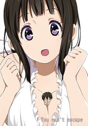  1girl black_hair blush breast_press breasts brown_hair chitanda_eru cleavage green_eyes hyouka long_hair looking_at_viewer open_mouth oreki_houtarou purple_eyes ragho_no_erika short_hair smile solo violet_eyes 