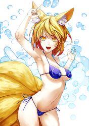  animal_ears arm_up armpits bare_shoulders bikini blonde_hair blue_bikini breasts cleavage fox_ears fox_tail halterneck mound_of_venus multiple_tails navel ruuto_(sorufu) side-tie_bikini slit_pupils smile solo sorufu string_bikini swimsuit tail touhou yakumo_ran yellow_eyes 