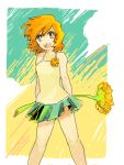  camisole flower green_eyes kasumi_(pokemon) open_mouth orange_hair pokemon pokemon_special short_hair simple_background skirt smile solo standing sunflower tegaki 