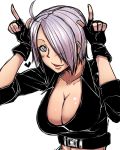  ahoge angel_(kof) bakuya blue_eyes breasts bust cleavage fingerless_gloves gloves hair_over_one_eye highres king_of_fighters silver_hair simple_background snk solo white_background 