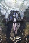  absurdres bikini_top black_rock_shooter black_rock_shooter_(character) blue_eyes chain chains coat gloves glowing glowing_eyes highres huke midriff navel scar shorts solo twintails 