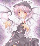  :d animal_ears frilled_sleeves hand_on_own_chest hat long_sleeves marker_(medium) mystia_lorelei open_mouth outstretched_hand pastel_(medium) pink_hair puffy_sleeves purple_background red_eyes satsuki_(gogotaru) singing skirt skirt_set smile solo touhou traditional_media wide_sleeves wings 