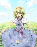  alice_margatroid blonde_hair capelet closed_eyes cloud clouds eyes_closed field hairband long_skirt petals sash sashs scarf short_hair short_sleeves skirt sky smile solo touhou 
