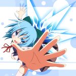  blue_eyes blue_hair blush bow cirno do_(4-rt) foreshortening hair_bow hands ice ice_wings open_mouth short_hair short_sleeves solo touhou wings 