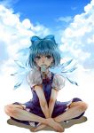  blue_eyes blue_hair blush bow cirno cloud clouds food hair_bow ice ice_wings popsicle puffy_sleeves short_hair short_sleeves sitting sky solo touhou wings yomeko 