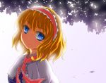  alice_margatroid blonde_hair blue_dress blue_eyes bust capelet dress hairband head_tilt leaf light light_smile looking_at_viewer looking_back mikotoplus ribbon short_hair simple_background solo touhou white_background 