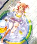  :d barefoot bikini fang feet from_above hair_bobbles hair_ornament hose open_mouth orange_hair original outstretched_arms outstretched_hand porurin_(do-desho) rubber_duck short_twintails smile soles solo splashing swimsuit twintails wading_pool water water_droplets water_gun yellow_eyes 