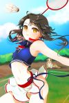  armpits badminton badminton_racket bare_shoulders blush brown_hair concentrating crop_top dog holding long_hair lowres lying midriff miniskirt mole navel outstretched_arm parted_lips racket sita_vilosa skirt skirt_lift solo sword_girls tari tongue tongue_out wind_lift yellow_eyes 