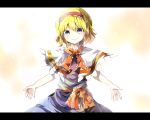  alice_margatroid blonde_hair blue_eyes bow capelet frills hairband hanaon outstretched_arms sash smile solo touhou 