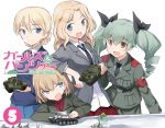  4girls anchovy arm_rest blazer blonde_hair blue_eyes braid brown_eyes churchill_(tank) cover darjeeling drill_hair dvd_cover fang girls_und_panzer green_hair holding jacket kaneda_mitsuko katyusha kay_(girls_und_panzer) leaning long_hair looking_at_viewer m4_sherman military military_uniform military_vehicle miniskirt multiple_girls necktie official_art open_mouth pants photoshop pleated_skirt shirt short_hair sitting skirt smile standing t-34 tank title_drop twin_drills twintails uniform vehicle white_shirt 