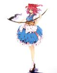  1girl absurdres baisi_shaonian collarbone hair_bobbles hair_ornament haraguroi_you highres obi onozuka_komachi red_eyes red_hair redhead scythe short_hair short_sleeves smile solo touhou twintails weapon white_background 