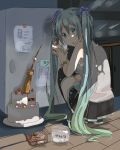  39 boots bracelet cake eating food food_on_face green_eyes green_hair hatsune_miku jewelry long_hair looking_back scrunchie sena_(piyotan79) skirt solo squatting thigh-highs thigh_boots thighhighs twintails very_long_hair vocaloid 