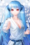  belt blue_hair breasts cleavage collarbone dougi grin large_breasts long_hair looking_at_viewer lowres luthica_preventer red_eyes shiny shiny_skin smile sword_girls twintails very_long_hair 