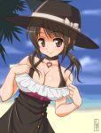  adjusting_clothes bare_shoulders beach breasts brown_eyes brown_hair casual choker cleavage cloud clouds dress halterneck hat heart large_breasts looking_at_viewer okita_sawa open_mouth shimeta_hiromitsu sky smile solo tari_tari tree twintails water 