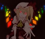  ascot blonde_hair crystal flandre_scarlet frills glowing glowing_eyes hat hat_ribbon outstretched_arms puffy_sleeves red_eyes ribbon short_sleeves side_ponytail slit_pupils solo touhou wings 