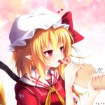  adapted_costume blonde_hair blood blush bow crystal cuts finger_licking flandre_scarlet ginzake_(mizuumi) hair_bow hands hat heart injury laevatein laevateinn licking pointy_ears red_eyes saliva side_ponytail solo sweatdrop touhou trembling wings 