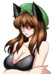  adult alternate_hairstyle animal_ears breasts brown_hair bust cat_ears chen cleavage collarbone hat jewelry long_hair parted_lips red_eyes simple_background single_earring solo tajima_yuuki touhou white_background 