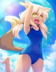  :d animal_ears blonde_hair blue_swimsuit collar fang fox_ears fox_tail highres holding innertube leg_up long_hair open_mouth original pinkarage school_swimsuit smile solo swimsuit tail tan twintails wet yellow_eyes 