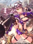  bad_id blush breasts cleavage copyright_request fingerless_gloves gloves goggles gun handgun long_hair looking_back purple_hair ruins shingo_(picturepuzzle) solo weapon yellow_eyes 