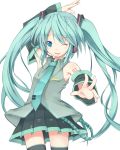  aqua_eyes aqua_hair arm_up detached_sleeves hato_no_hito hatsune_miku headphones headset long_hair necktie simple_background skirt solo thigh-highs thighhighs twintails very_long_hair vocaloid white_background wink 