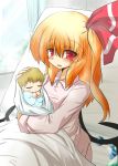  adult alternate_costume baby bed blonde_hair blush child contemporary crystal curtains flandre_scarlet gomasamune hair_ribbon highres long_sleeves mother_and_child open_mouth red_eyes ribbon short_hair side_ponytail touhou window wings 