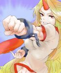  bad_id blonde_hair clenched_hand cuffs evil_grin evil_smile grin horn hoshiguma_yuugi long_hair midriff muscle oni red_eyes sakazuki sharp_teeth simple_background smile solo somsom touhou very_long_hair 