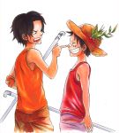  bandaid black_hair closed_eyes eyes_closed freckles grin hat lead_pipe male monkey_d_luffy multiple_boys one_piece open_mouth pipe portgas_d_ace scar short_hair shorts sleeveless sleeveless_shirt smile straw_hat traditional_media tsuyomaru young 