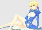  ahoge arm_support barefoot blonde_hair breasts ckros-15 cleavage cleavage_cutout dress fate/stay_night fate_(series) green_eyes hair_ribbon long_sleeves ribbon saber sitting solo 