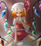  ascot blonde_hair blush crystal flandre_scarlet gomasamune hat hat_ribbon puffy_sleeves red_eyes ribbon short_hair short_sleeves side_ponytail solo tongue touhou wings 