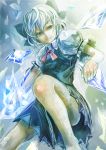  bare_legs blue_eyes blue_hair bow cirno dress hair_bow highres ice koruse looking_at_viewer short_hair smile solo touhou wings 