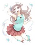  bare_shoulders blue_(pokemon) brown_eyes brown_hair hat jumping kneehighs long_hair open_mouth pokemon pokemon_(game) pokemon_frlg simple_background skirt smile solo water white_background wristband xrunrunx 