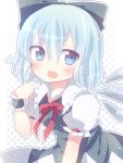  blue_eyes blue_hair blush bow cirno hair_bow ice ice_wings open_mouth puffy_sleeves ranka224 short_hair short_sleeves solo touhou wings wrist_cuffs 