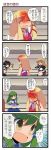  4girls 4koma adapted_costume alternate_costume alternate_eye_color black_hair blonde_hair blood brown_eyes brown_hair closed_eyes comic dei_shirou detached_sleeves green_hair grey_eyes hair_ornament hair_tubes hat highres hijiri_byakuren kochiya_sanae long_hair long_sleeves moriya_suwako multiple_girls navel necktie open_mouth pocket_watch puffy_sleeves referee shameimaru_aya short_hair short_sleeves sleeveless snake tokin_hat touhou translated translation_request watch yellow_eyes 