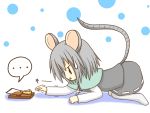  1girl animal_ears cheese food grey_hair hestia highres jewelry long_sleeves mouse_ears mouse_tail mousetrap nazrin pendant short_hair solo sweatdrop tail touhou trap 