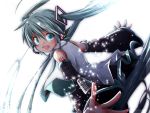  akino_coto detached_sleeves fang green_eyes green_hair hatsune_miku headset highres long_hair looking_at_viewer looking_back nail_polish necktie open_mouth outstretched_arms simple_background skirt solo sparkle spread_arms twintails very_long_hair vocaloid white_background 