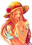  breasts closed_eyes eyes_closed faux_traditional_media flower hand_on_own_face hat long_hair nami one_piece orange_hair smile straw_hat tattoo tsuyomaru 